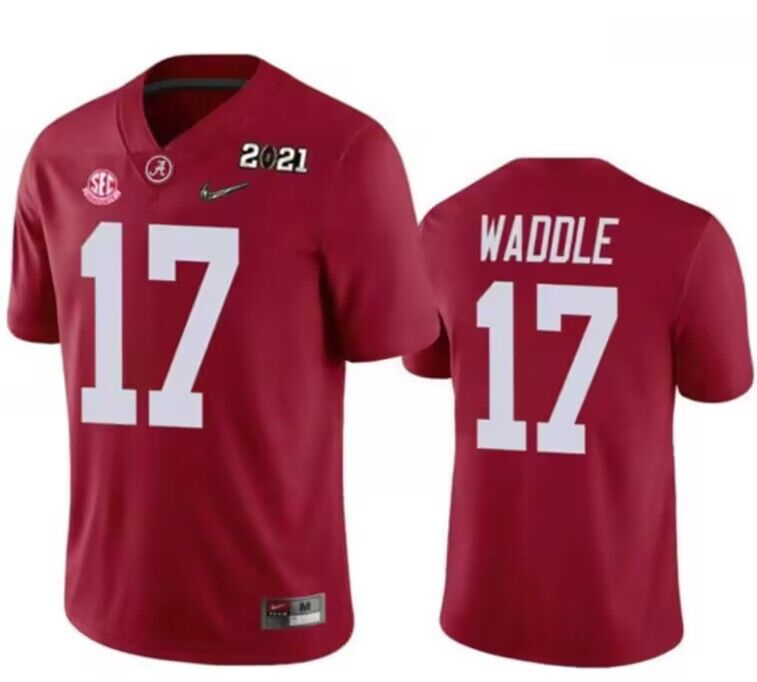 Men's Alabama Crimson Tide #17 Jaylen Waddle Red 2021 Patch Football Stitched Jersey